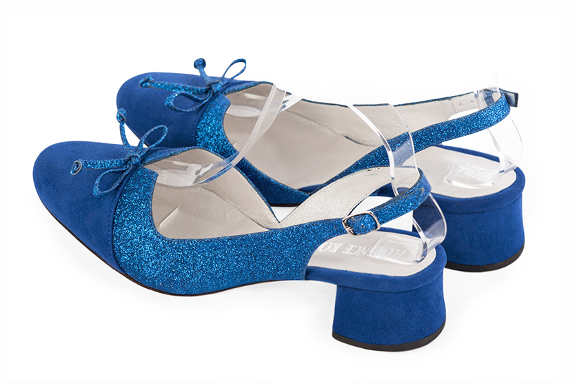 Electric blue women's open back shoes, with a knot. Round toe. Low flare heels. Rear view - Florence KOOIJMAN